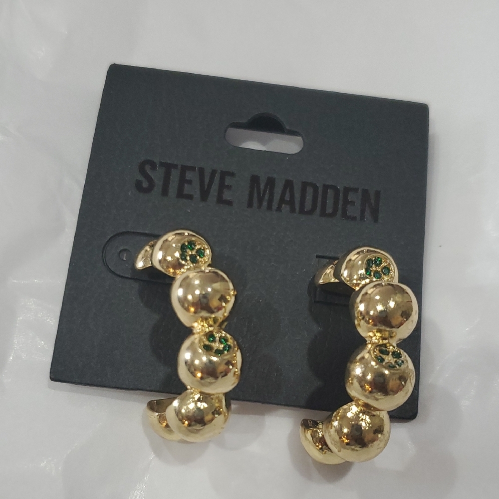 Steve Madden gold tone green emerald sapphire gemstone bubble half moon earrings